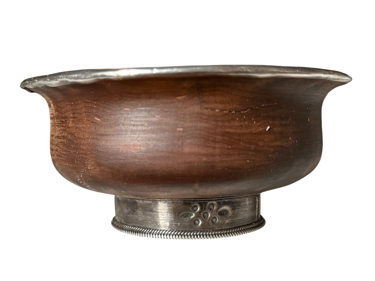 Antique Tibetan Burlwood Silver Mounted Offering Bowl Himalayan Cup