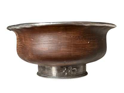 Antique Tibetan Burlwood Silver Mounted Offering Bowl Himalayan Cup