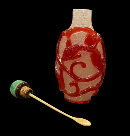 Peking glass snuff bottle - with jade cover and  bone scoop