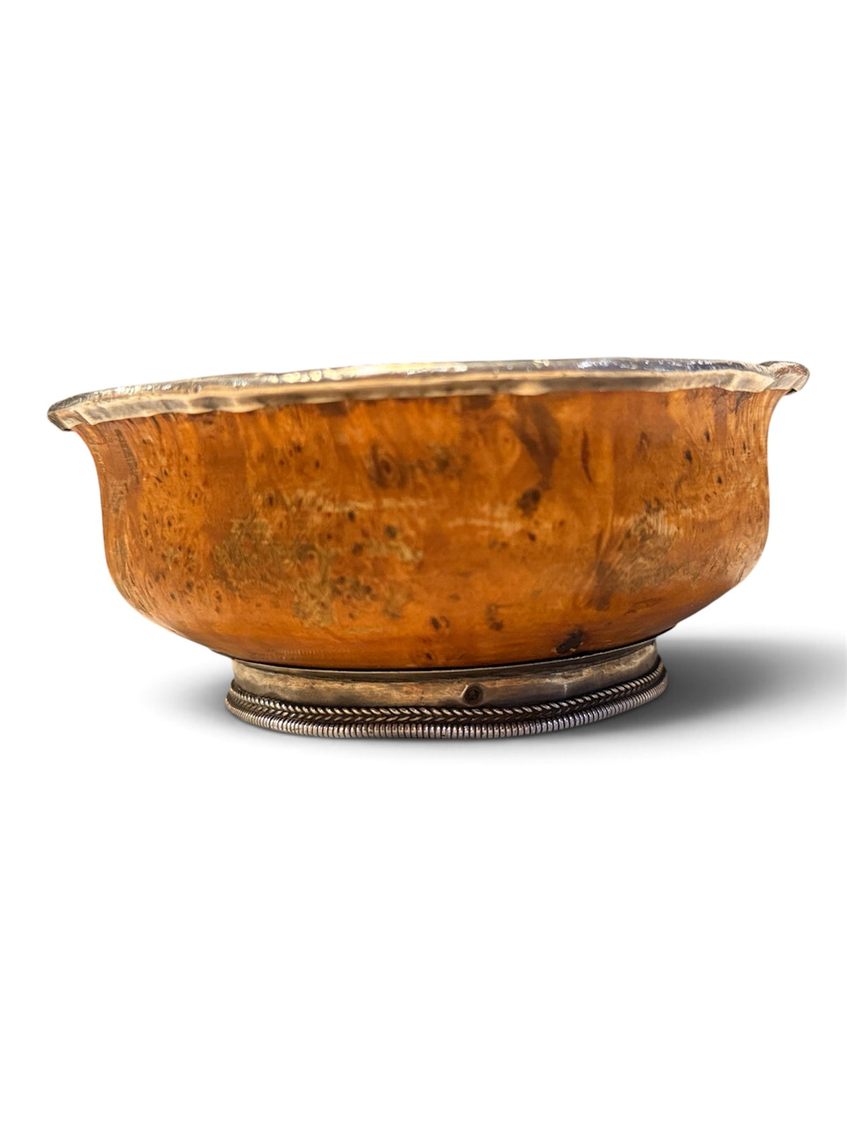 Antique Tibetan Burlwood Silver Mounted Offering Bowl Himalayan Cup