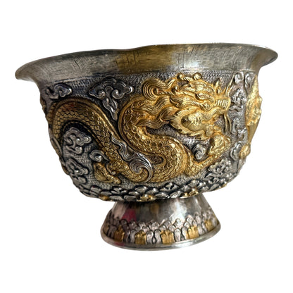 Antique silver and gilded silver carved dragon bowl