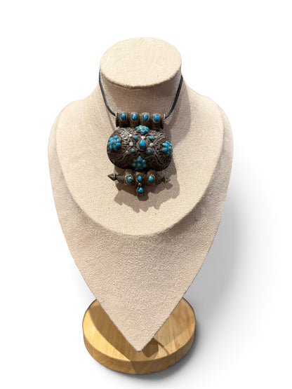 Antique Tibetan Silver Ghau Pendant with Turquoise Stones