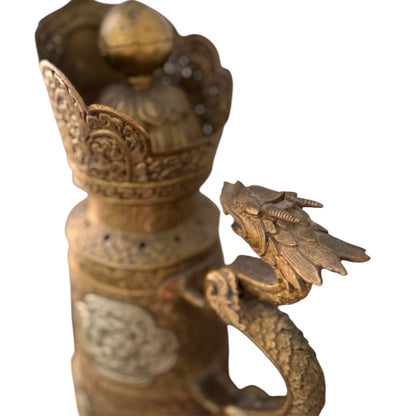Antique Tibetan Dragon Handle Ewer Gilt Bronze Silver Ritual Wine Pot