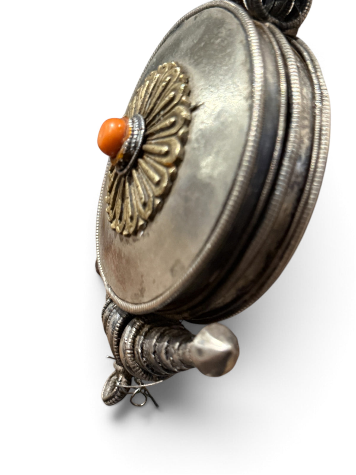 Large Antique Tibetan Silver Women's Ghau Pendant with Gilded Floral Medallion and Coral Cabochon