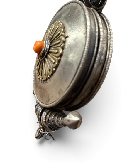 Large Antique Tibetan Silver Women's Ghau Pendant with Gilded Floral Medallion and Coral Cabochon