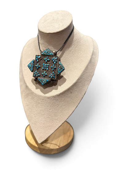 Large Antique Tibetan Silver Women's Ghau Pendant with Gold Sheet and Turquoise Inlay