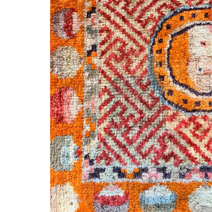 Antique meditation seat rug with unique circular motifs