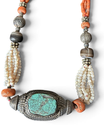 Antique Tibetan Necklace with Turquoise Hair Bead Pendant