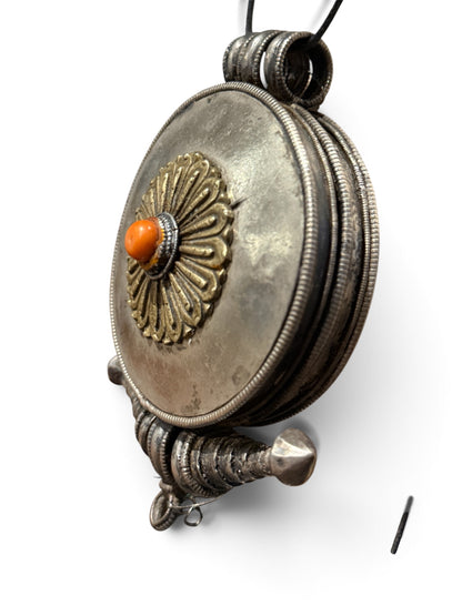 Large Antique Tibetan Silver Women's Ghau Pendant with Gilded Floral Medallion and Coral Cabochon