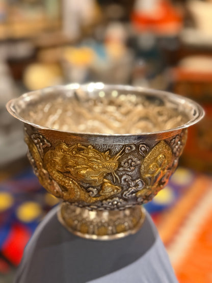 Antique silver and gilded silver carved dragon bowl