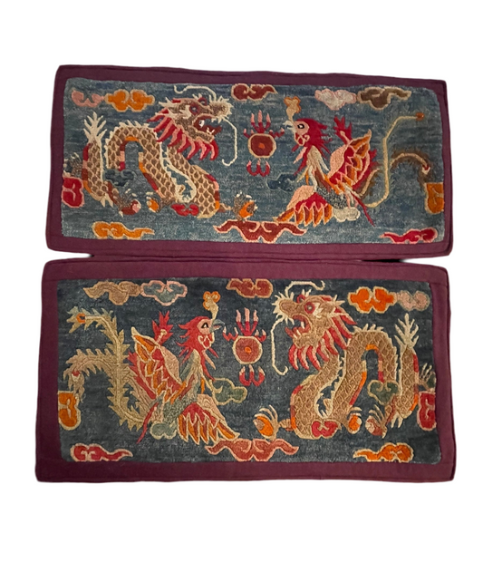 Early 20th C., antique Tibetan dragon and phoenix rugs