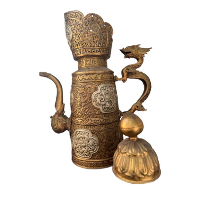 Antique Tibetan Dragon Handle Ewer Gilt Bronze Silver Ritual Wine Pot
