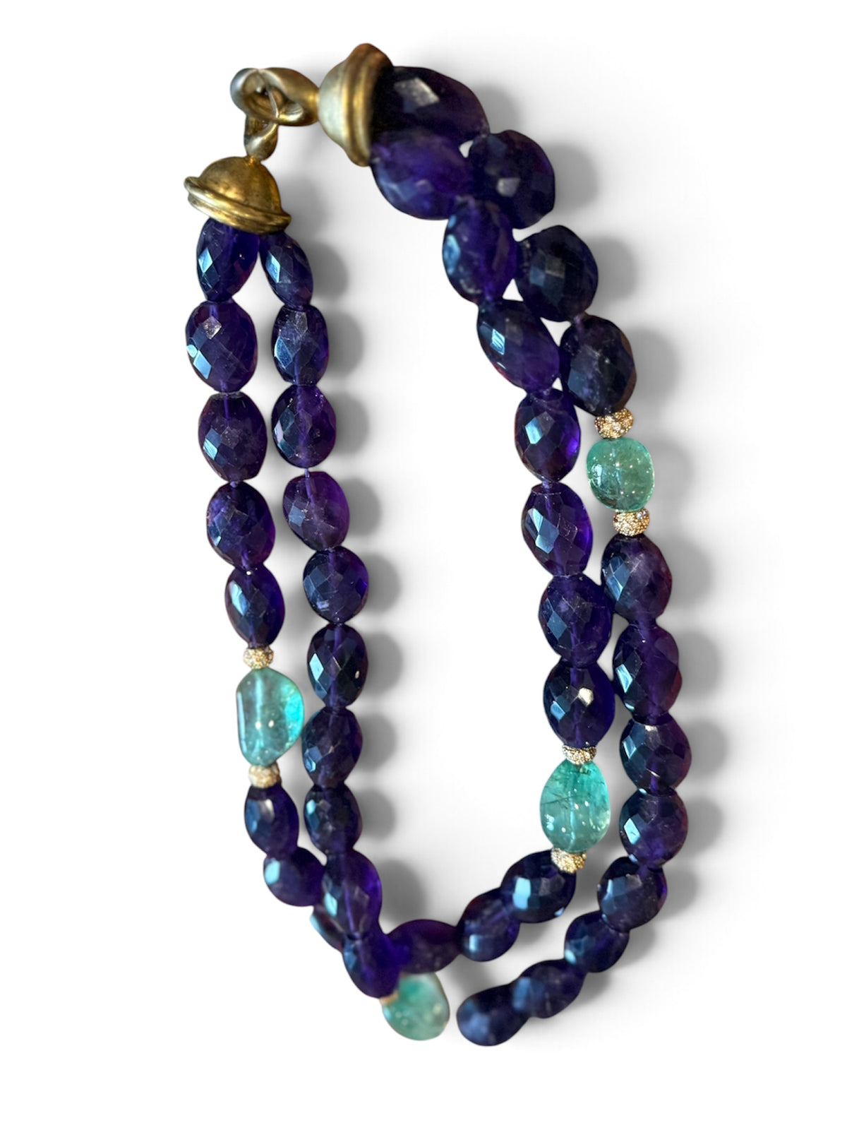 methyst & Green Quartz Double Strand Necklace with Crystal Pavé Rondelles, 19" Statement Jewelry