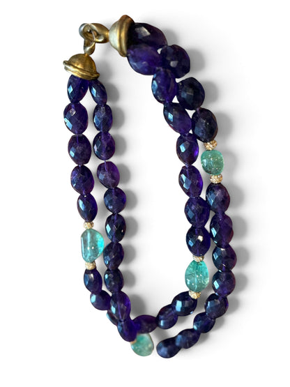 methyst & Green Quartz Double Strand Necklace with Crystal Pavé Rondelles, 19" Statement Jewelry
