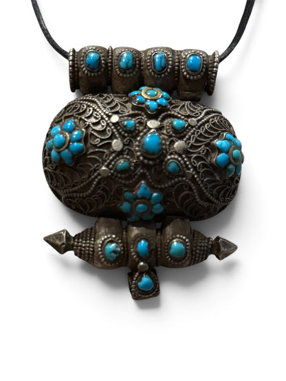 Antique Tibetan Silver Ghau Pendant with Turquoise Stones