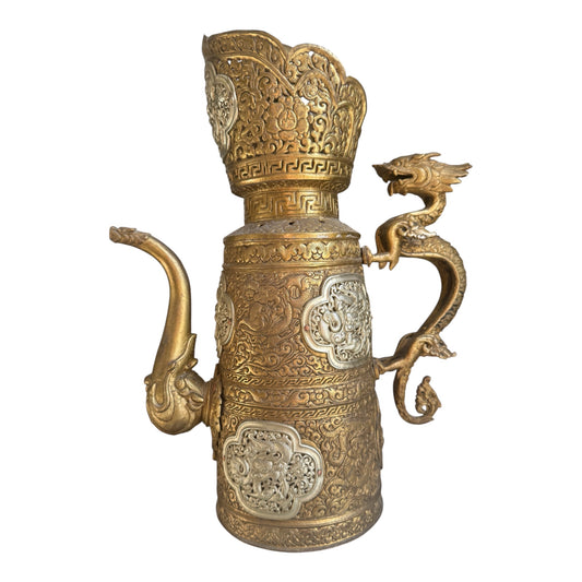 Antique Tibetan Dragon Handle Ewer Gilt Bronze Silver Ritual Wine Pot