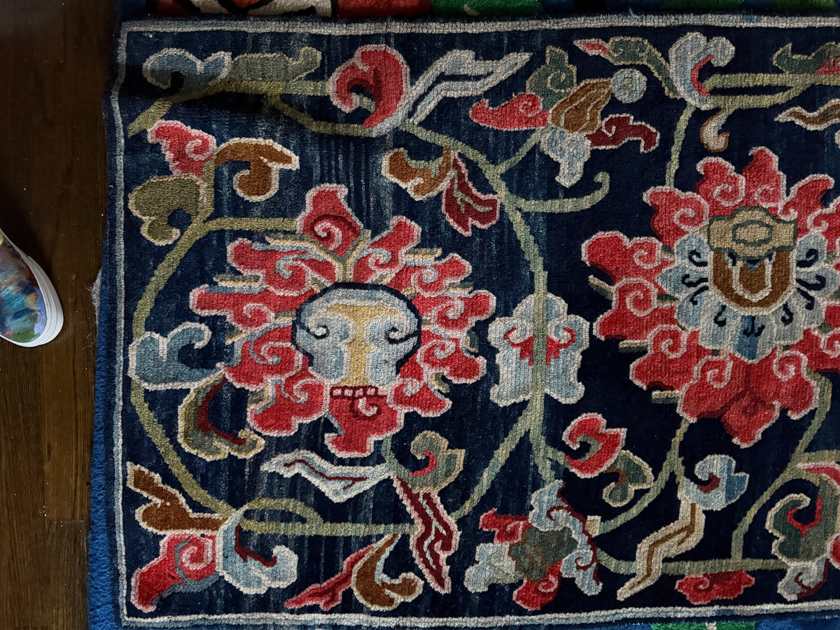 Antique Tibetan Wool Rug c.1900 Floral Himalayan Carpet 5'8" x 2'9