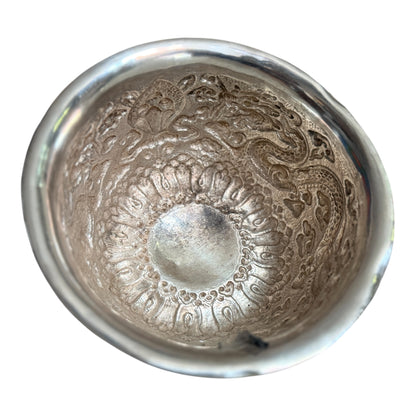 Antique silver and gilded silver carved dragon bowl