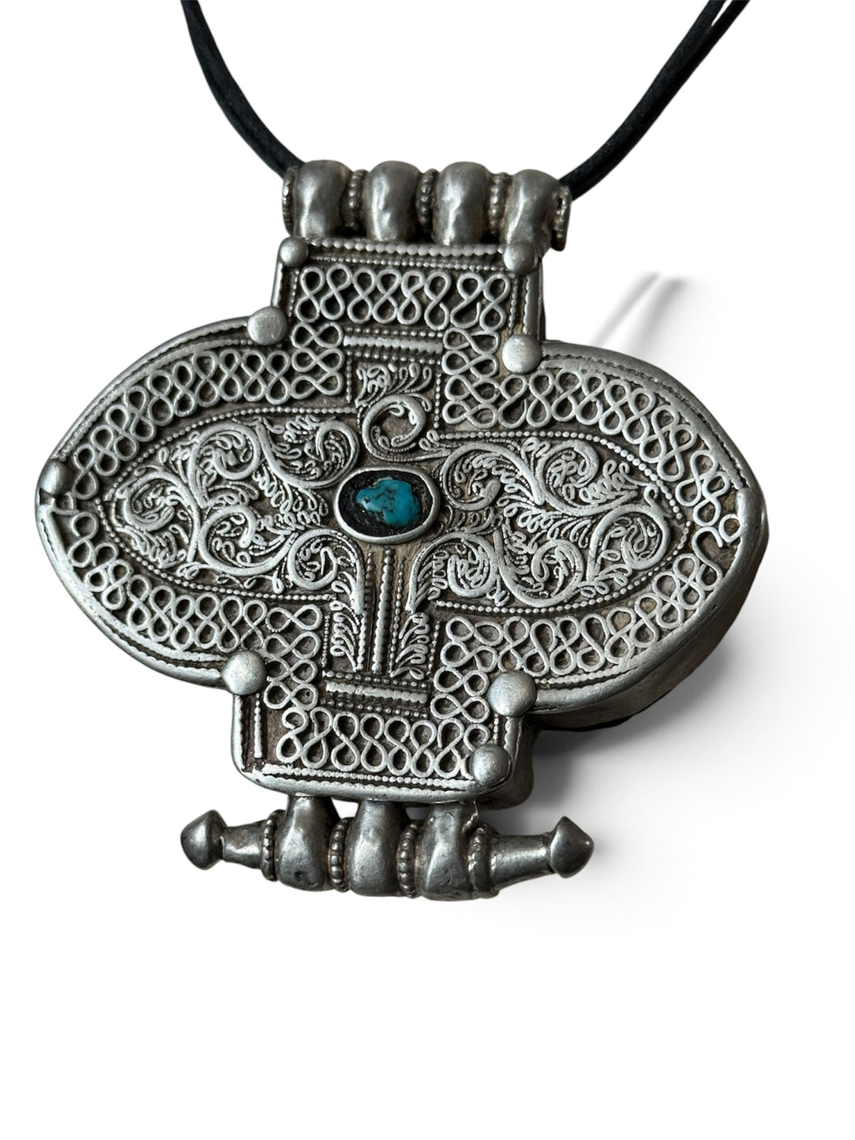 Antique Tibetan Silver Ghau Pendant with Turquoise Accent and Brass Back Cover
