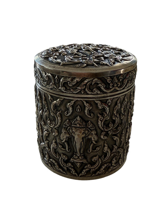 An antique cylindrical Thai silver box