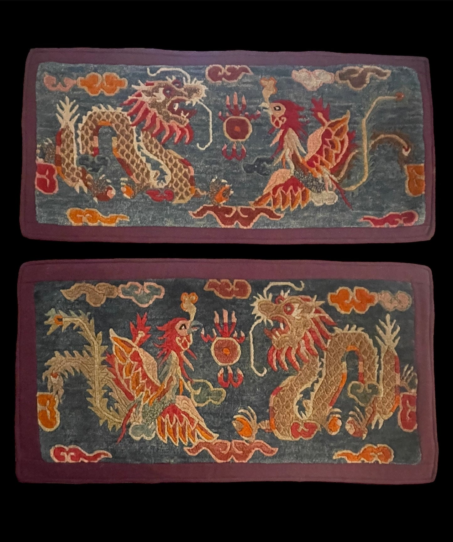 Early 20th C., antique Tibetan dragon and phoenix rugs