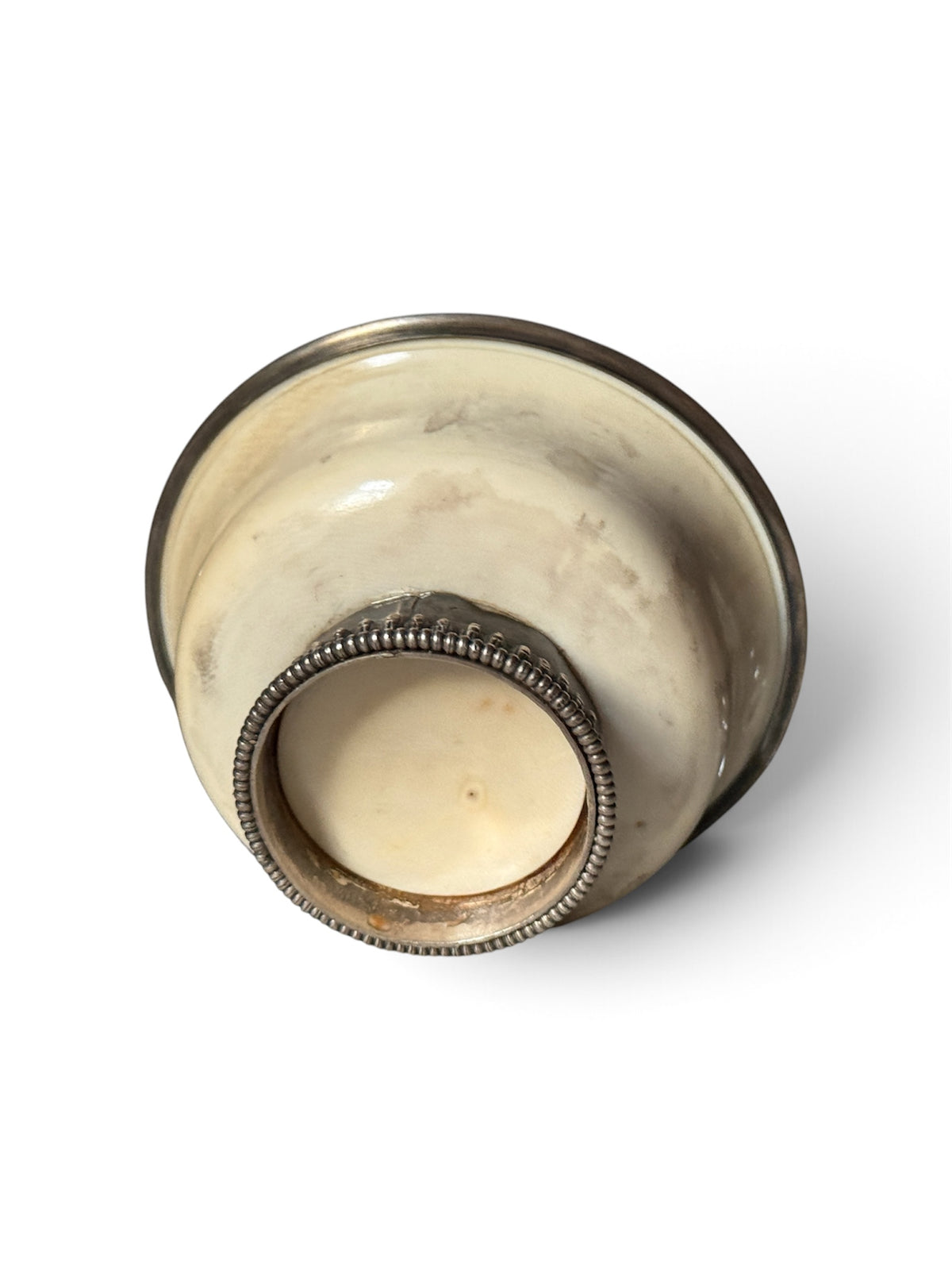 Rare Antique Tibetan Bone Silver Mounted Offering Bowl Himalayan Ritual Cup