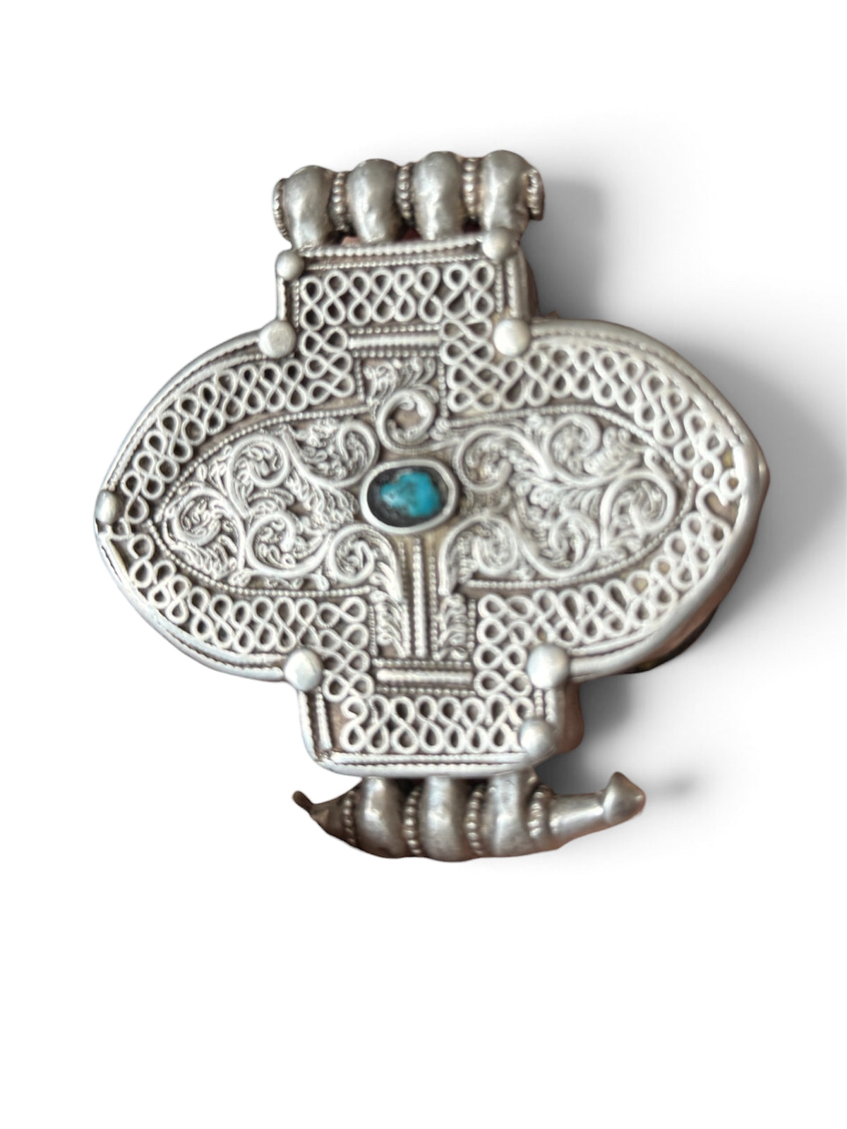 Antique Tibetan Silver Ghau Pendant with Turquoise Accent and Brass Back Cover