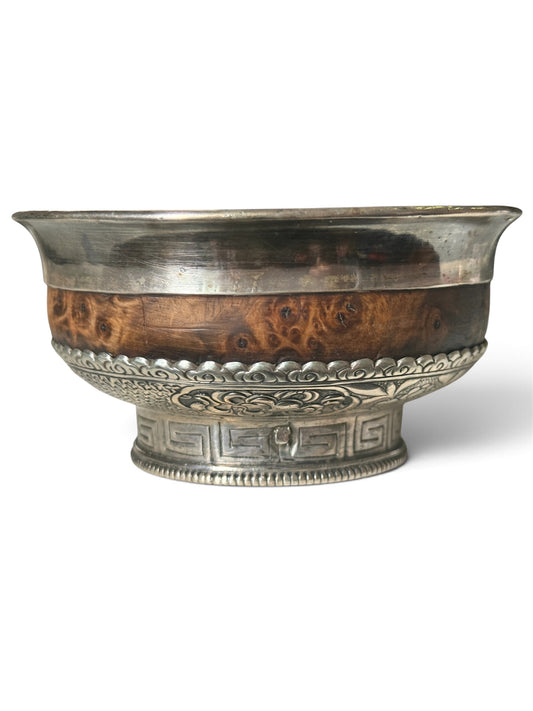 Antique Tibetan Burlwood Silver Mounted Bowl Himalayan Pedestal Vessel