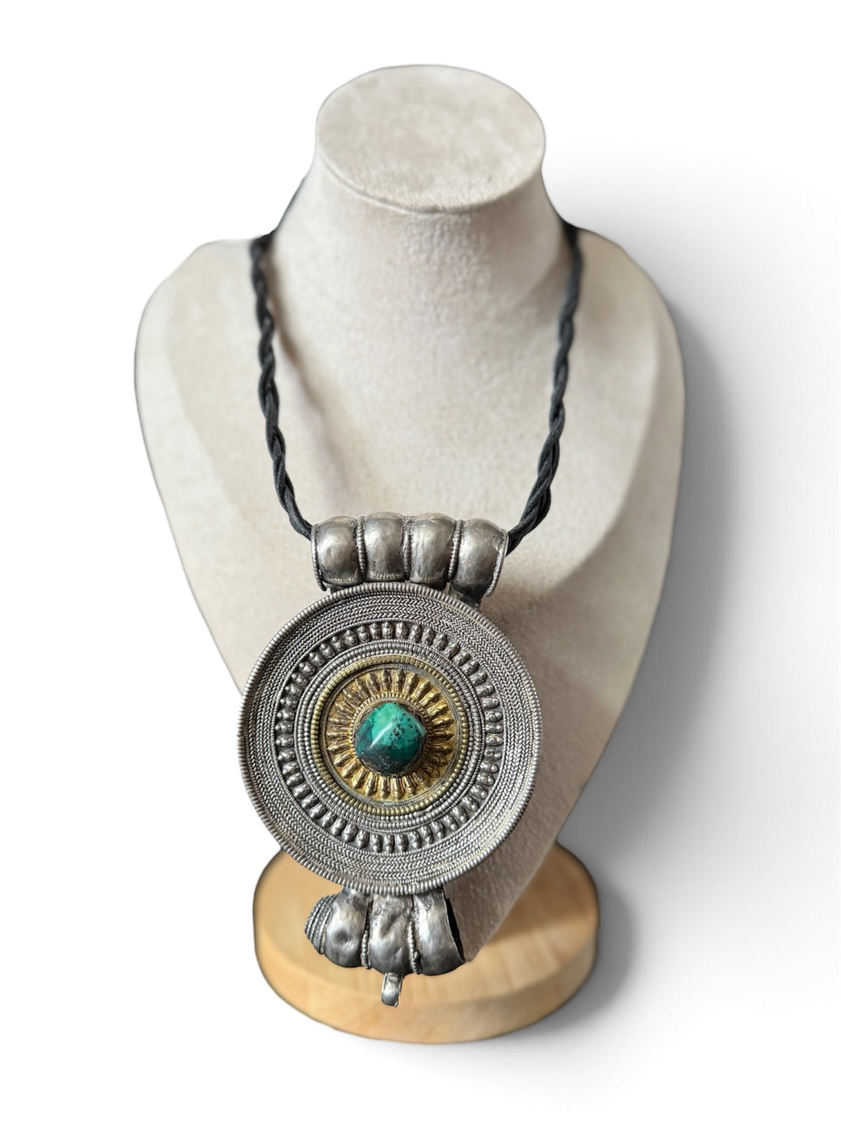 Large Antique Tibetan Silver Circular Ghau Pendant with Gilded Center and Turquoise Cabochon