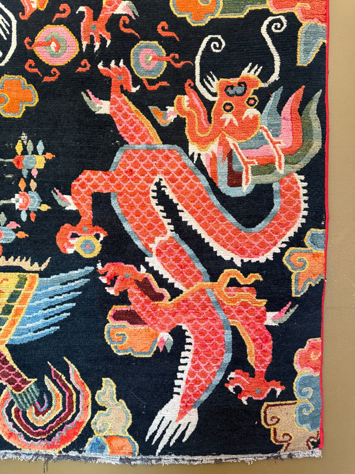 Early 20th C., antique Tibetan dragon rug