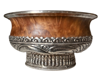 Antique Tibetan Burlwood Silver Mounted Offering Bowl Himalayan Pedestal Bowl