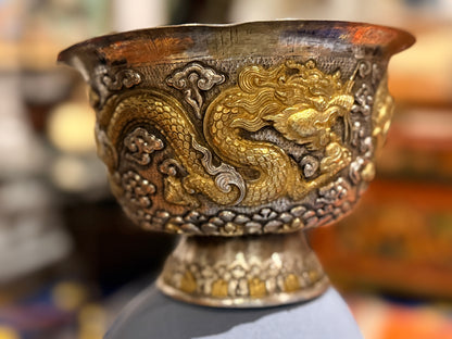 Antique silver and gilded silver carved dragon bowl