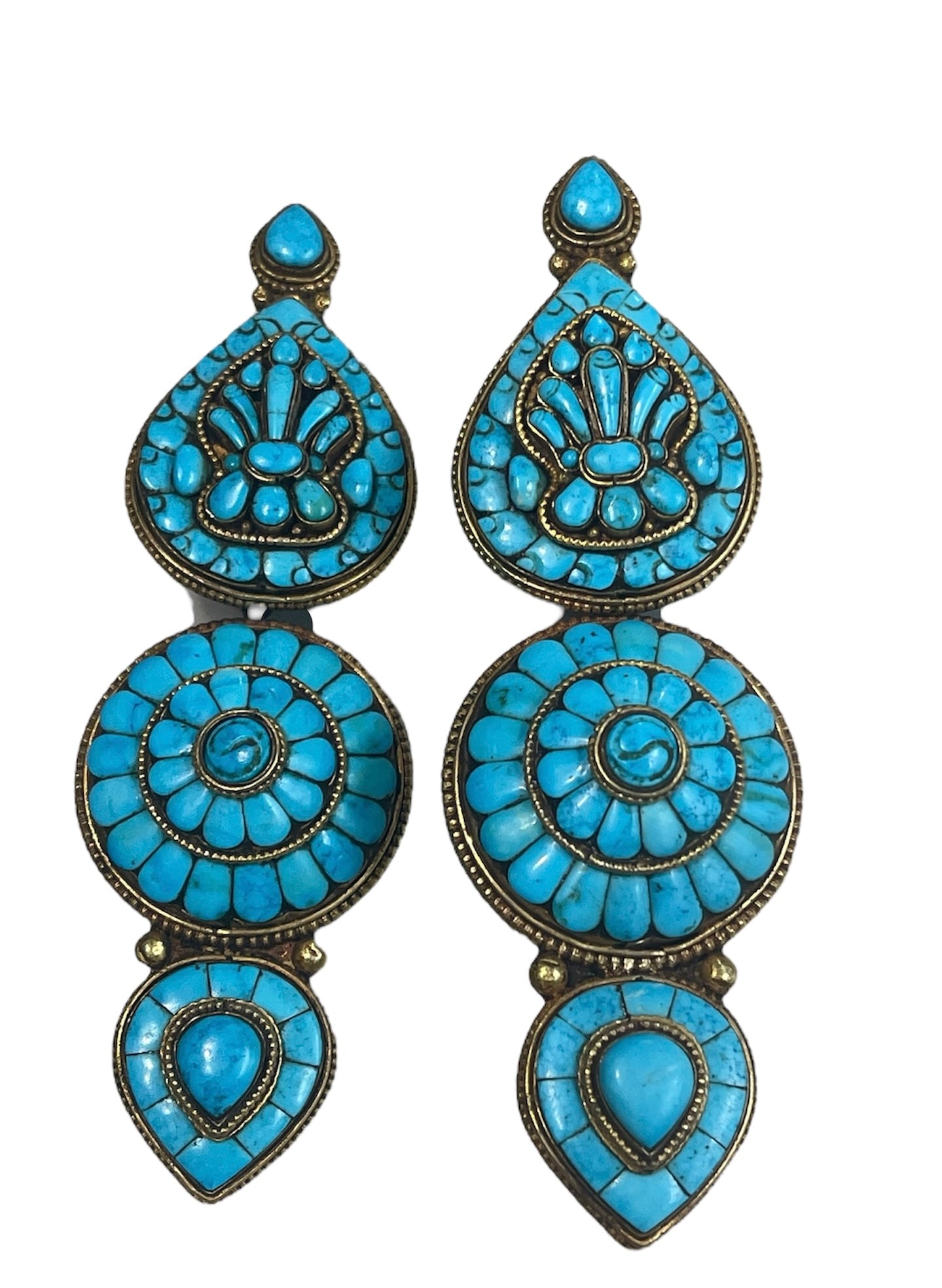 Pair of vintage Tibetan turquoise and gilded silver ear pendants