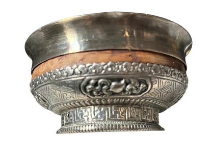 Antique Tibetan Burlwood Silver Mounted Offering Bowl Himalayan Cup