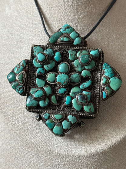 Antique Tibetan Silver Ghau with Exceptional Turquoise Decoration and Copper Back Cover