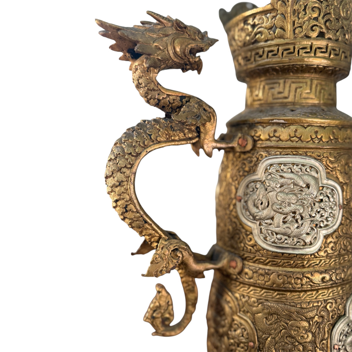 Antique Tibetan Dragon Handle Ewer Gilt Bronze Silver Ritual Wine Pot