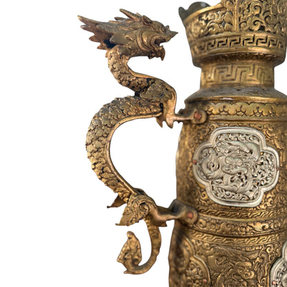 Antique Tibetan Dragon Handle Ewer Gilt Bronze Silver Ritual Wine Pot