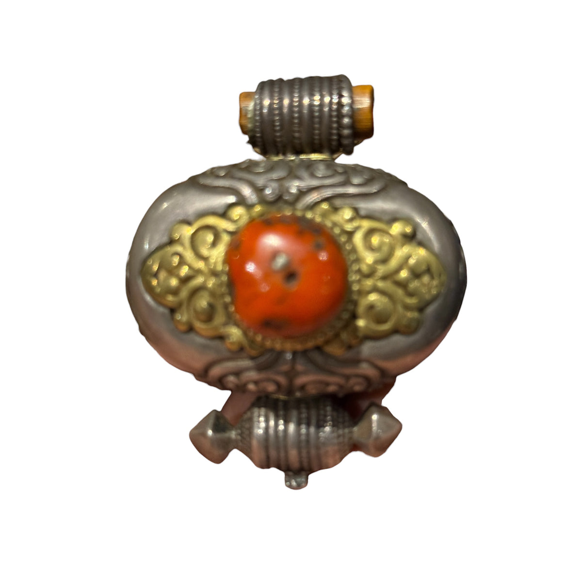 Antique Tibetan Silver Ghau Pendant with Old Coral Cabochon | Himalayan Buddhist Amulet