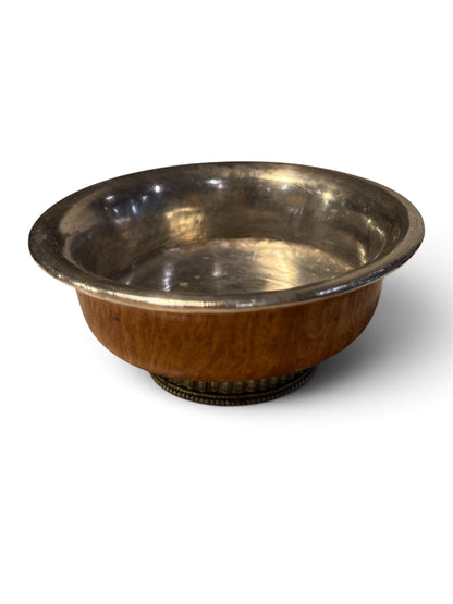 Antique Tibetan Burlwood Silver Mounted Offering Bowl Himalayan Cup 4"
