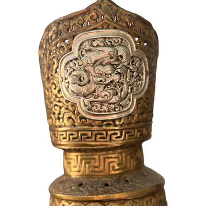 Antique Tibetan Dragon Handle Ewer Gilt Bronze Silver Ritual Wine Pot