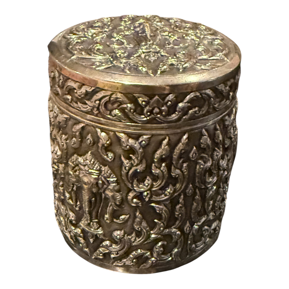 An antique cylindrical Thai silver box