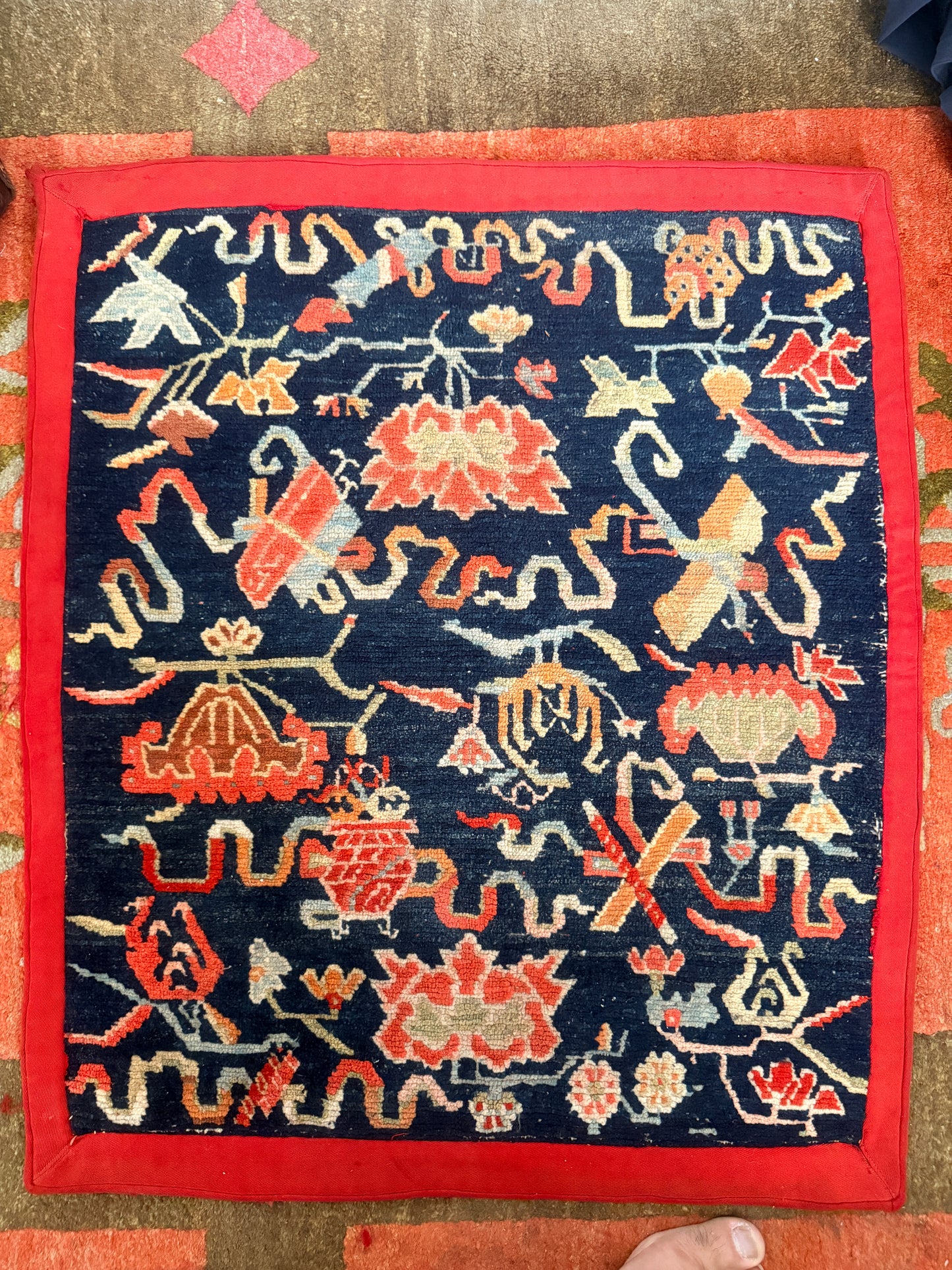 Antique Tibetan decorative meditation rug