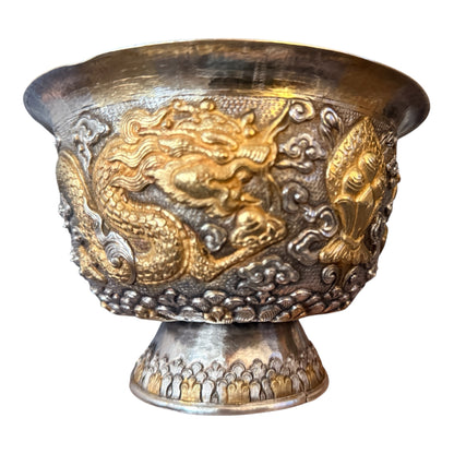 Antique silver and gilded silver carved dragon bowl