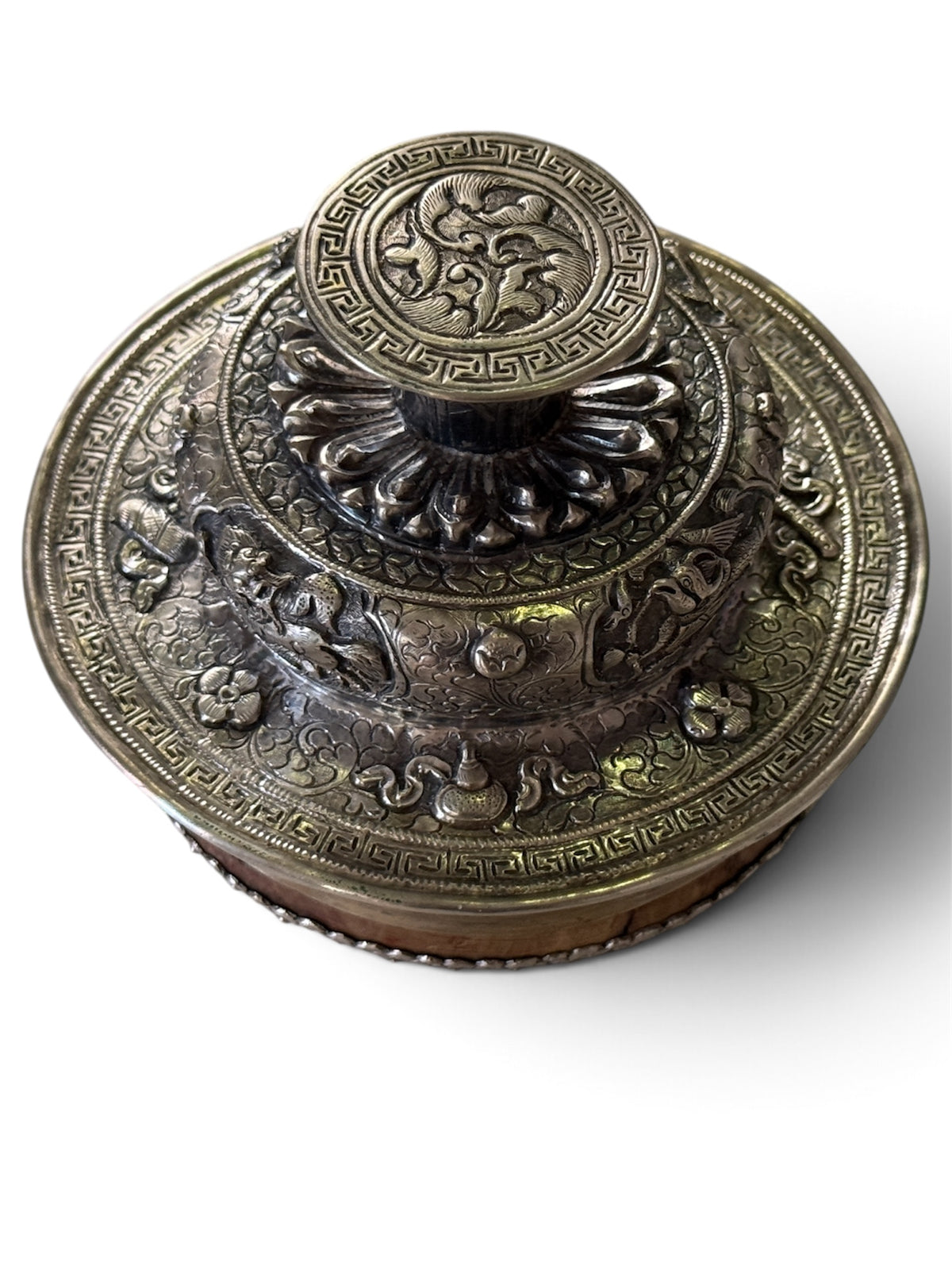 Antique Tibetan Silver Ritual Cup Lid | Dragon & Phoenix Motif | Himalayan Buddhist Art (LID ONLY, CUP NOT INCLUDED)