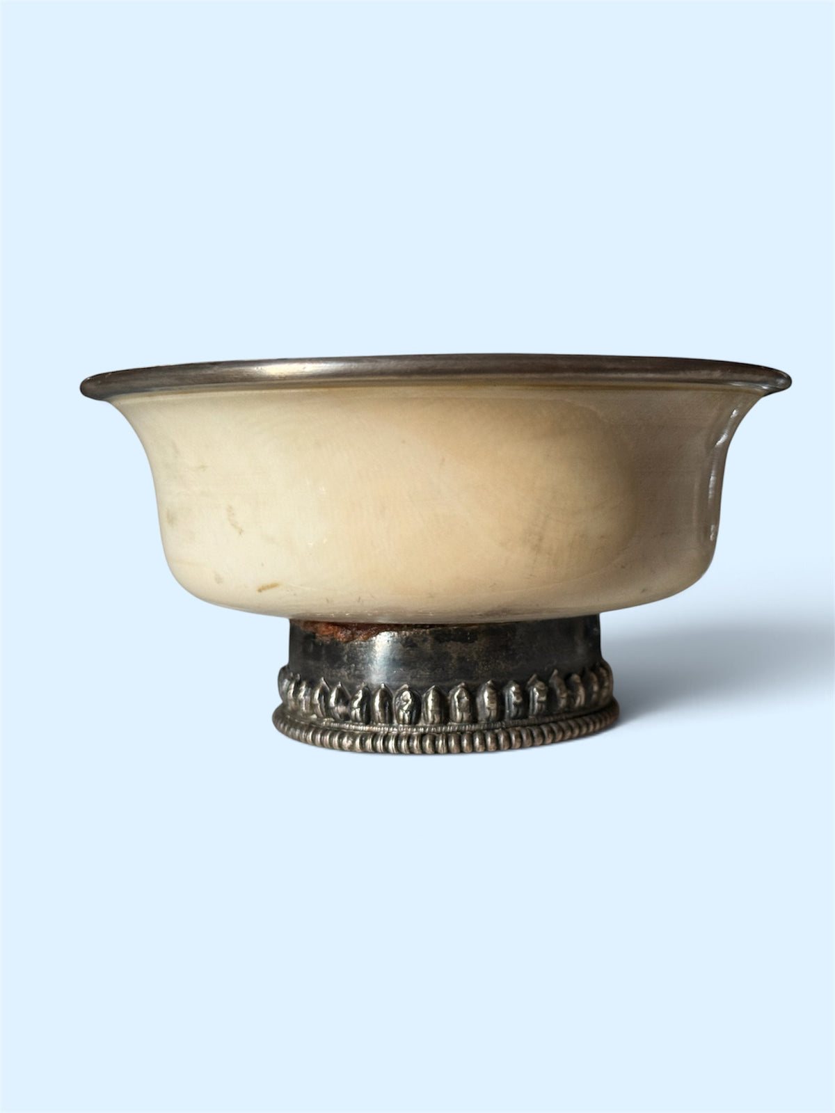 Rare Antique Tibetan Bone Silver Mounted Offering Bowl Himalayan Ritual Cup