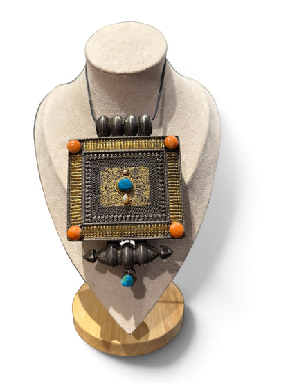 Large Antique Tibetan Silver Ghau Pendant with Turquoise and Coral Stones