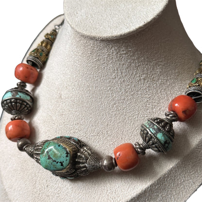 Antique Tibetan Necklace with Turquoise Hair Bead Pendant