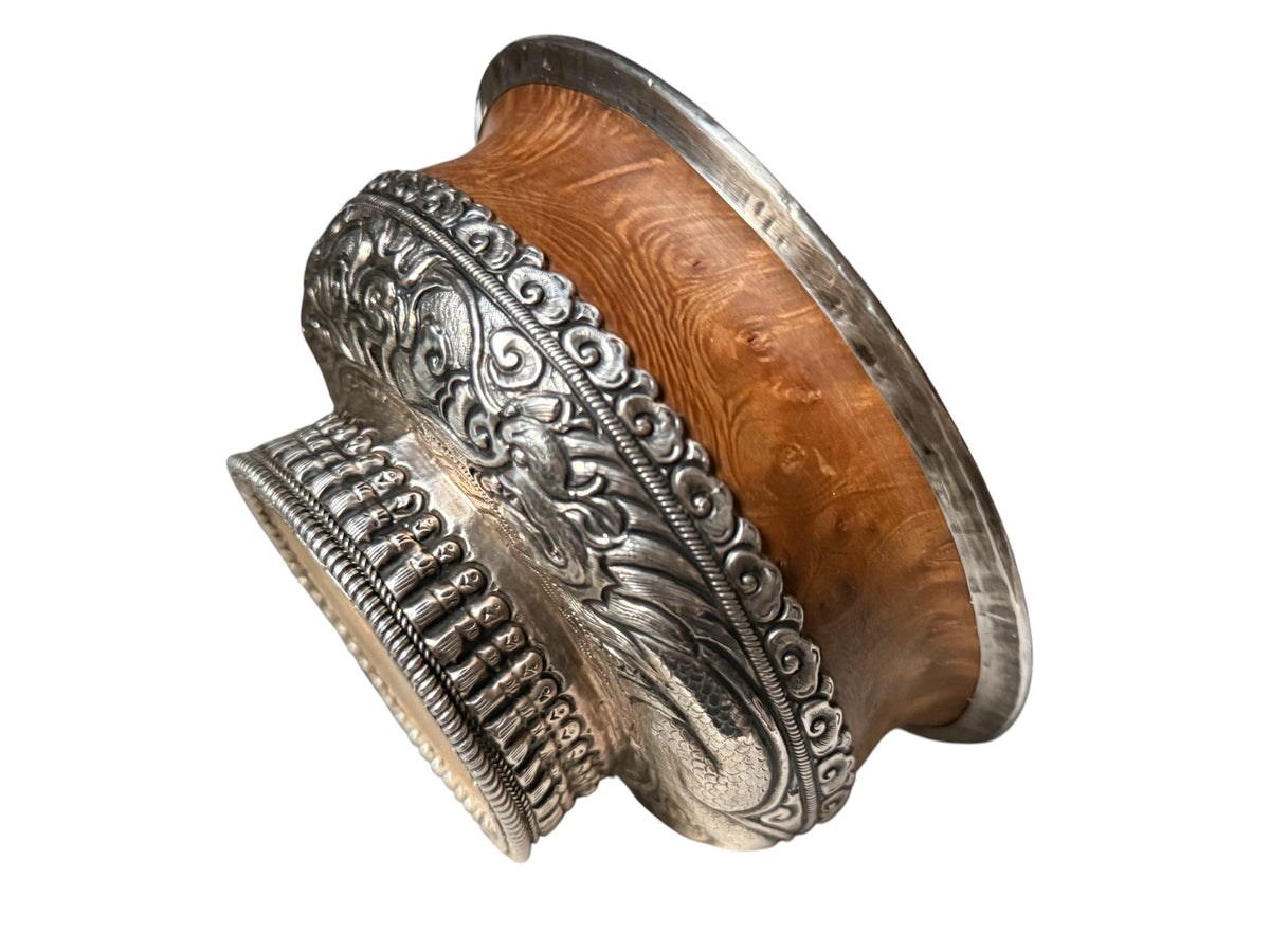 Antique Tibetan Burlwood Silver Mounted Offering Bowl Himalayan Pedestal Bowl
