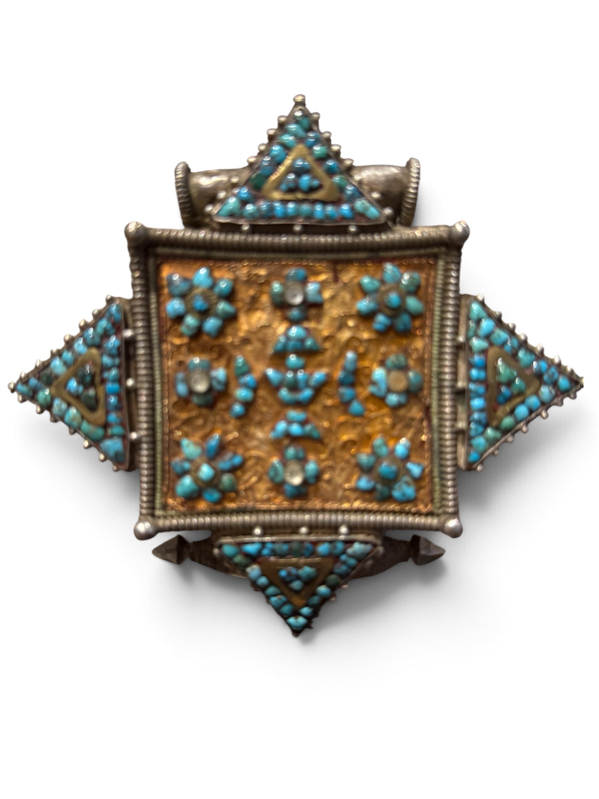 Large Antique Tibetan Silver Women's Ghau Pendant with Gold Sheet and Turquoise Inlay
