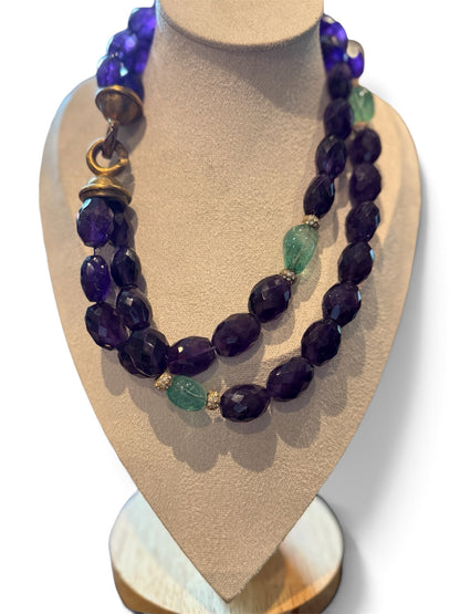 methyst & Green Quartz Double Strand Necklace with Crystal Pavé Rondelles, 19" Statement Jewelry